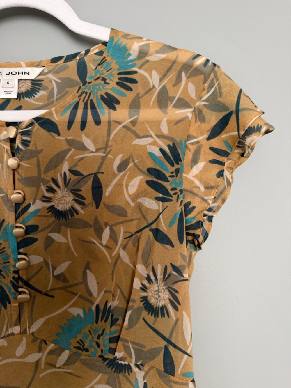 St. John Silk Teal Golden Yellow Floral Collarless Cap Sleeve Sheer Blouse Top - Picture 5 of 16